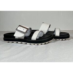 Sorel White Leather Roaming Slide Sandals Black‎ Footbed Size 9